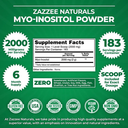 Zazzee Myo-Inositol Powder, 6 Month Supply, 183 Servings, 2000 mg per Serving - Maple Wellness Supplements