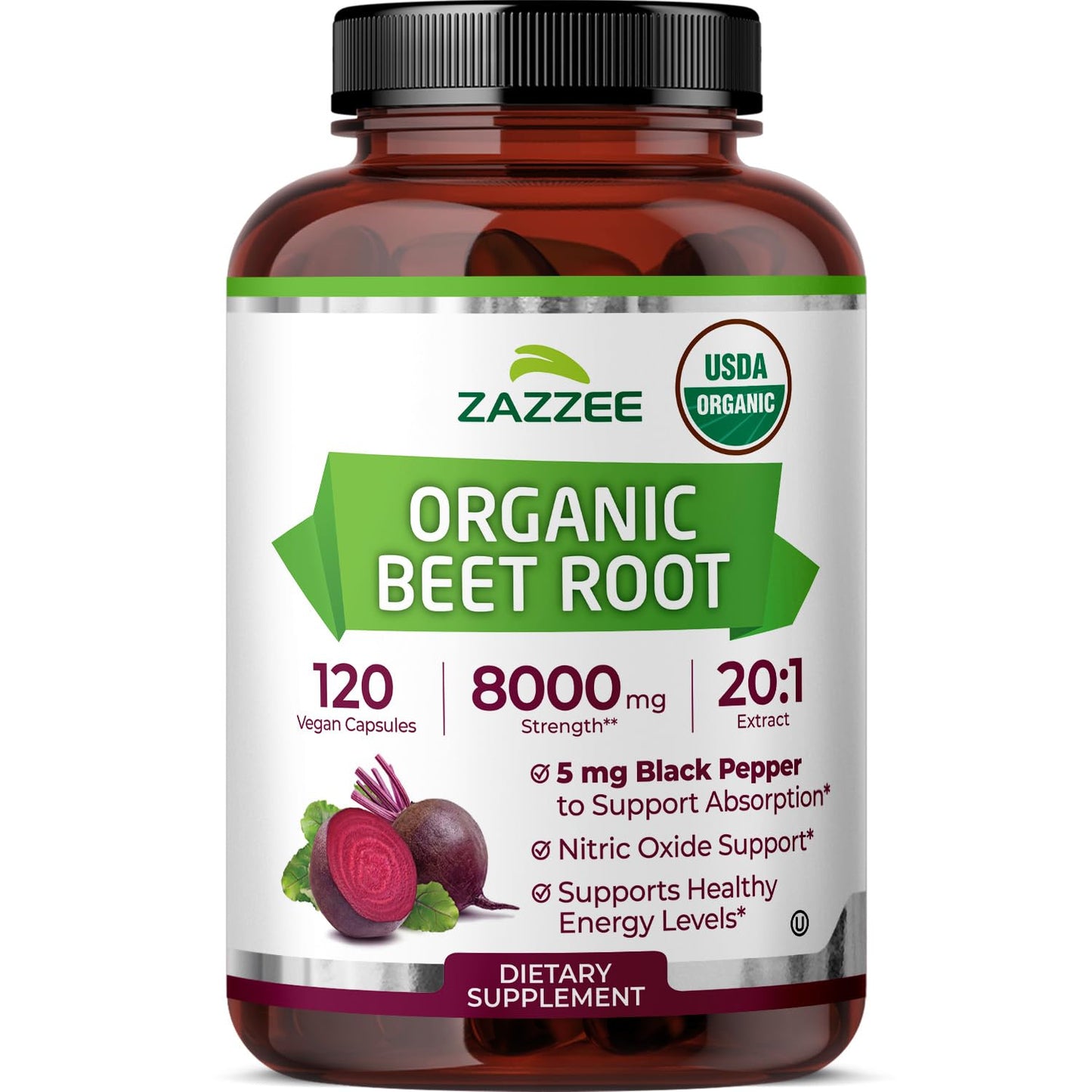 Zazzee USDA Organic Beet Root 20:1 Extract, 120 Vegan Quick Release Capsules, 4 Month Supply, Nitric Oxide Support, Black Pepper Extract for Enhanced Absorption - Maple Wellness Supplements