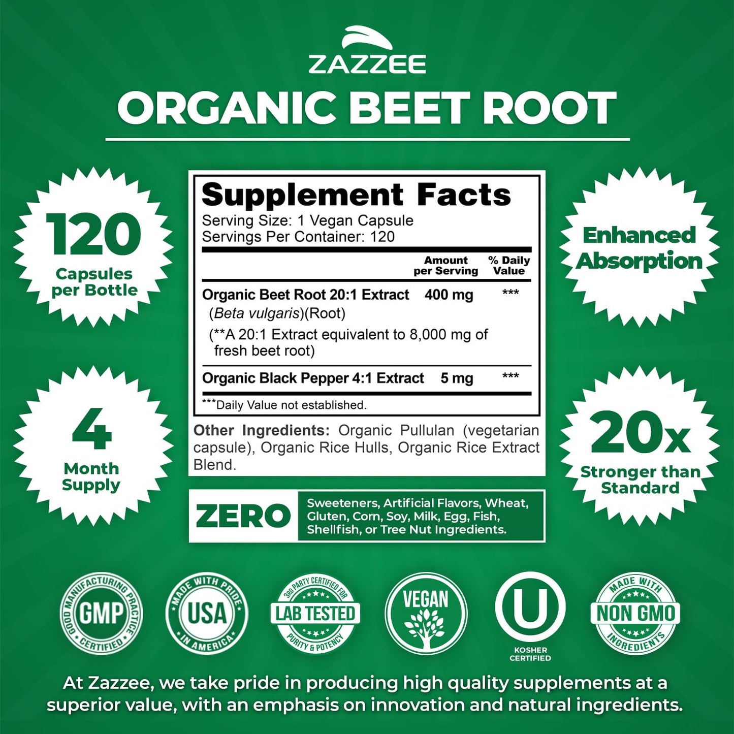 Zazzee USDA Organic Beet Root 20:1 Extract, 120 Vegan Quick Release Capsules, 4 Month Supply, Nitric Oxide Support, Black Pepper Extract for Enhanced Absorption - Maple Wellness Supplements