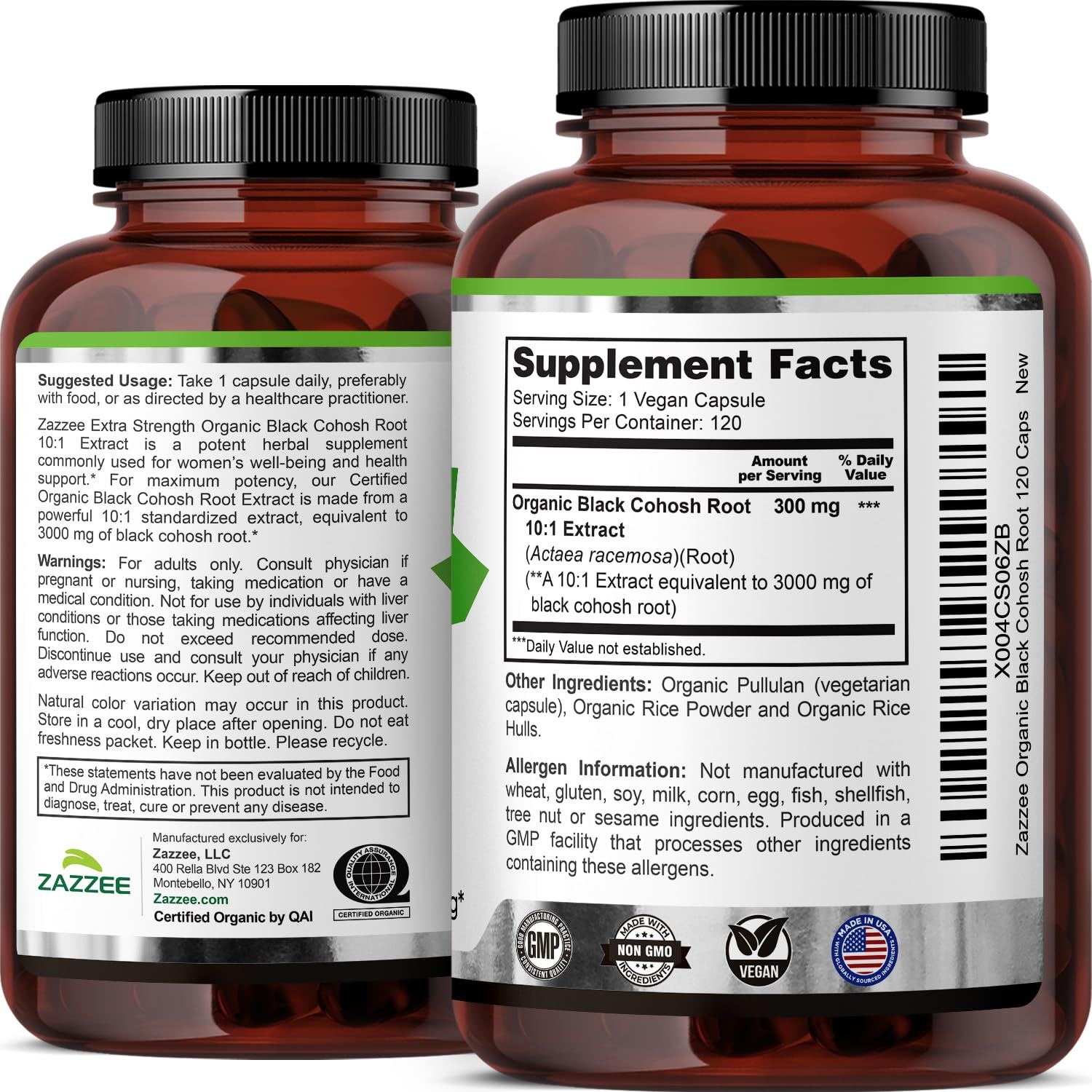 Zazzee USDA Organic Black Cohosh 10:1 Extract, 120 Vegan Capsules, 4 Month Supply, Actaea Racemosa, Women’s Health & Hormonal Balance Support, - Maple Wellness Supplements