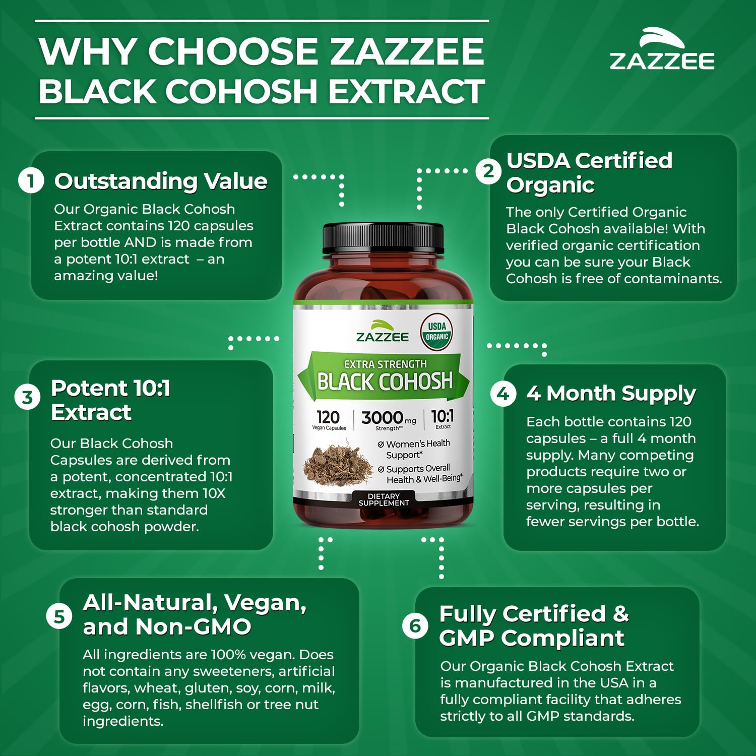Zazzee USDA Organic Black Cohosh 10:1 Extract, 120 Vegan Capsules, 4 Month Supply, Actaea Racemosa, Women’s Health & Hormonal Balance Support, - Maple Wellness Supplements