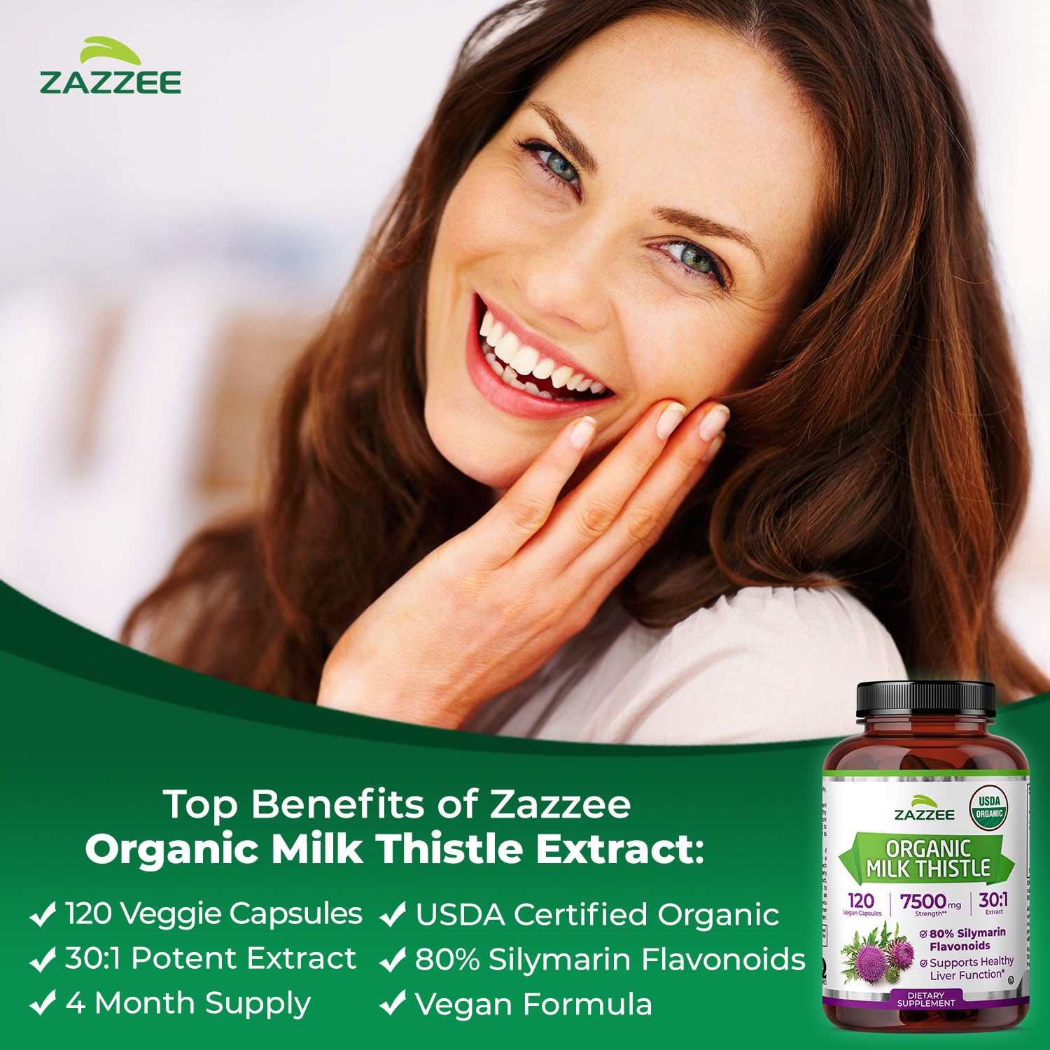 Zazzee USDA Organic Milk Thistle 30:1 Extract, 80% Silymarin, 120 Vegan Capsules, 4 Month Supply, Certified Kosher, High Potency Liver & Antioxidant Support - Maple Wellness Supplements