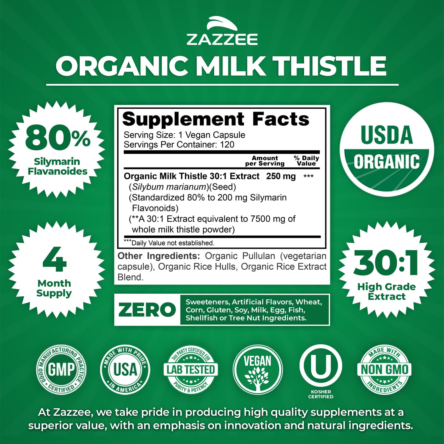 Zazzee USDA Organic Milk Thistle 30:1 Extract, 80% Silymarin, 120 Vegan Capsules, 4 Month Supply, Certified Kosher, High Potency Liver & Antioxidant Support - Maple Wellness Supplements