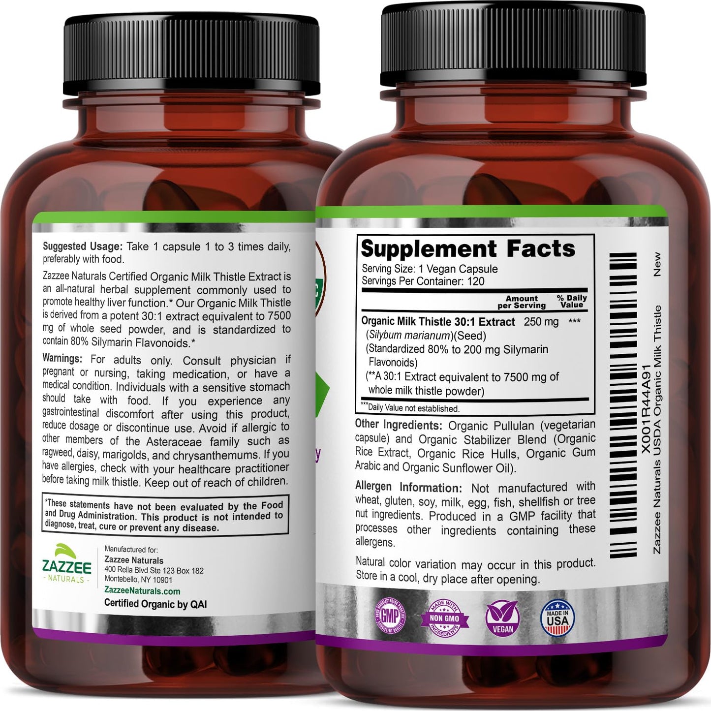 Zazzee USDA Organic Milk Thistle 30:1 Extract, 80% Silymarin, 120 Vegan Capsules, 4 Month Supply, Certified Kosher, High Potency Liver & Antioxidant Support - Maple Wellness Supplements