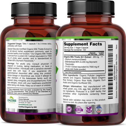 Zazzee USDA Organic Milk Thistle 30:1 Extract, 80% Silymarin, 120 Vegan Capsules, 4 Month Supply, Certified Kosher, High Potency Liver & Antioxidant Support - Maple Wellness Supplements