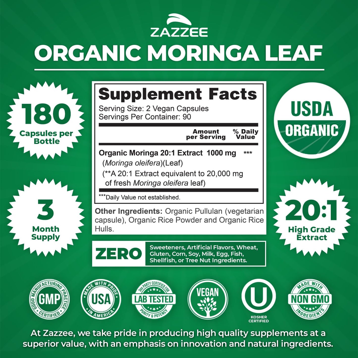 Zazzee USDA Organic Moringa Leaf 20:1 Extract, 180 Vegan Capsules, 3 Month Supply, Certified Kosher, Moringa Oleifera, Antioxidant, Immune & Cellular Support - Maple Wellness Supplements