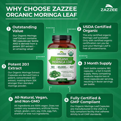 Zazzee USDA Organic Moringa Leaf 20:1 Extract, 180 Vegan Capsules, 3 Month Supply, Certified Kosher, Moringa Oleifera, Antioxidant, Immune & Cellular Support - Maple Wellness Supplements