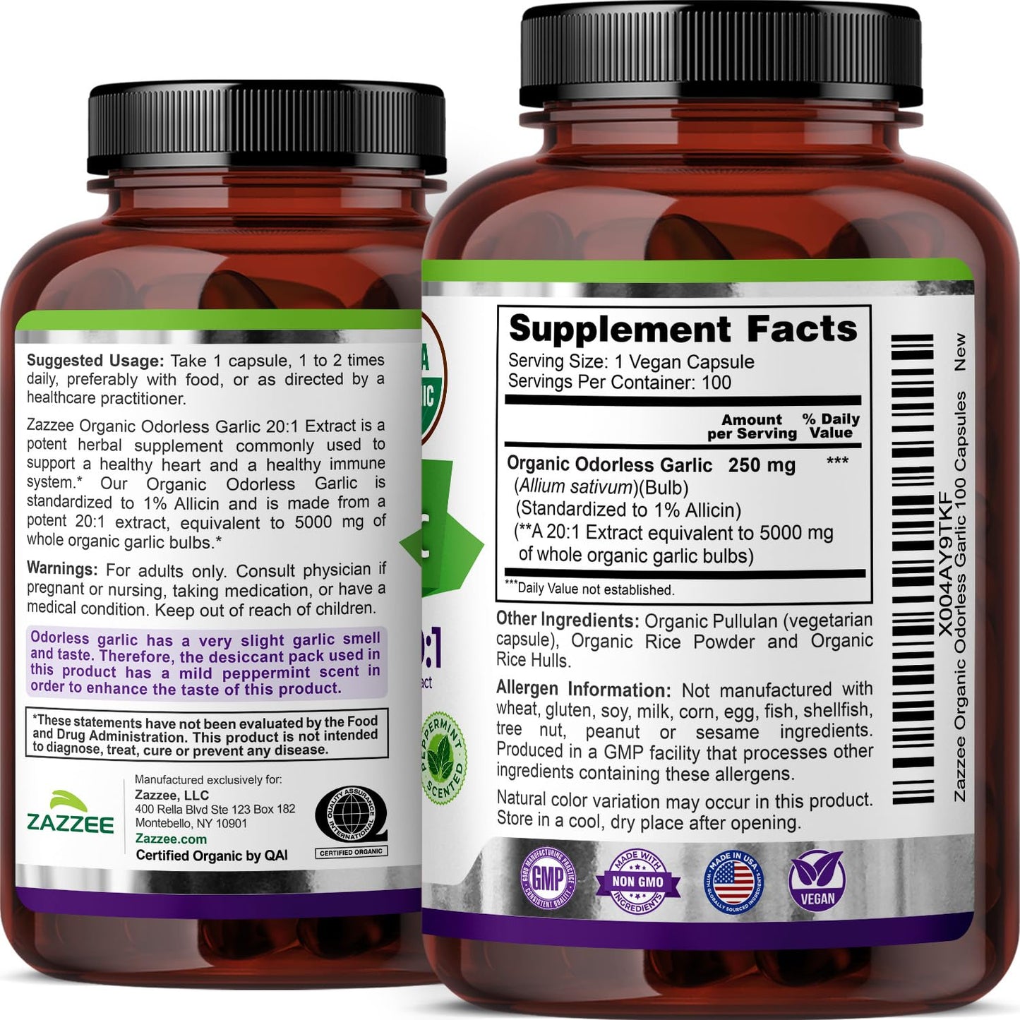 Zazzee USDA Organic Odorless Garlic 20:1 Extract, 1% Allicin, 100 Vegan Capsules, 3+ Month Supply, Allium Sativum, Immune, Circulation & Heart Health Support - Maple Wellness Supplements
