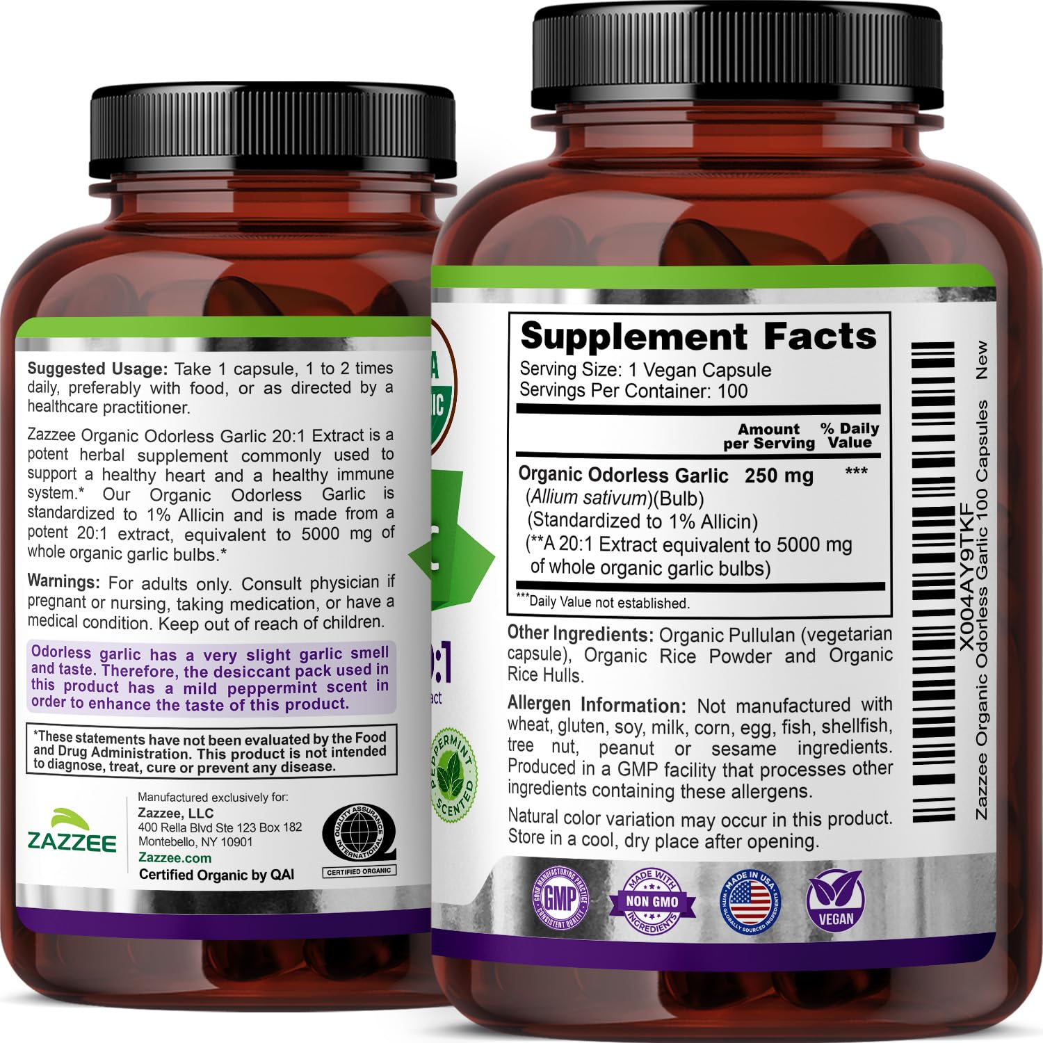 Zazzee USDA Organic Odorless Garlic 20:1 Extract, 1% Allicin, 100 Vegan Capsules, 3+ Month Supply, Allium Sativum, Immune, Circulation & Heart Health Support - Maple Wellness Supplements