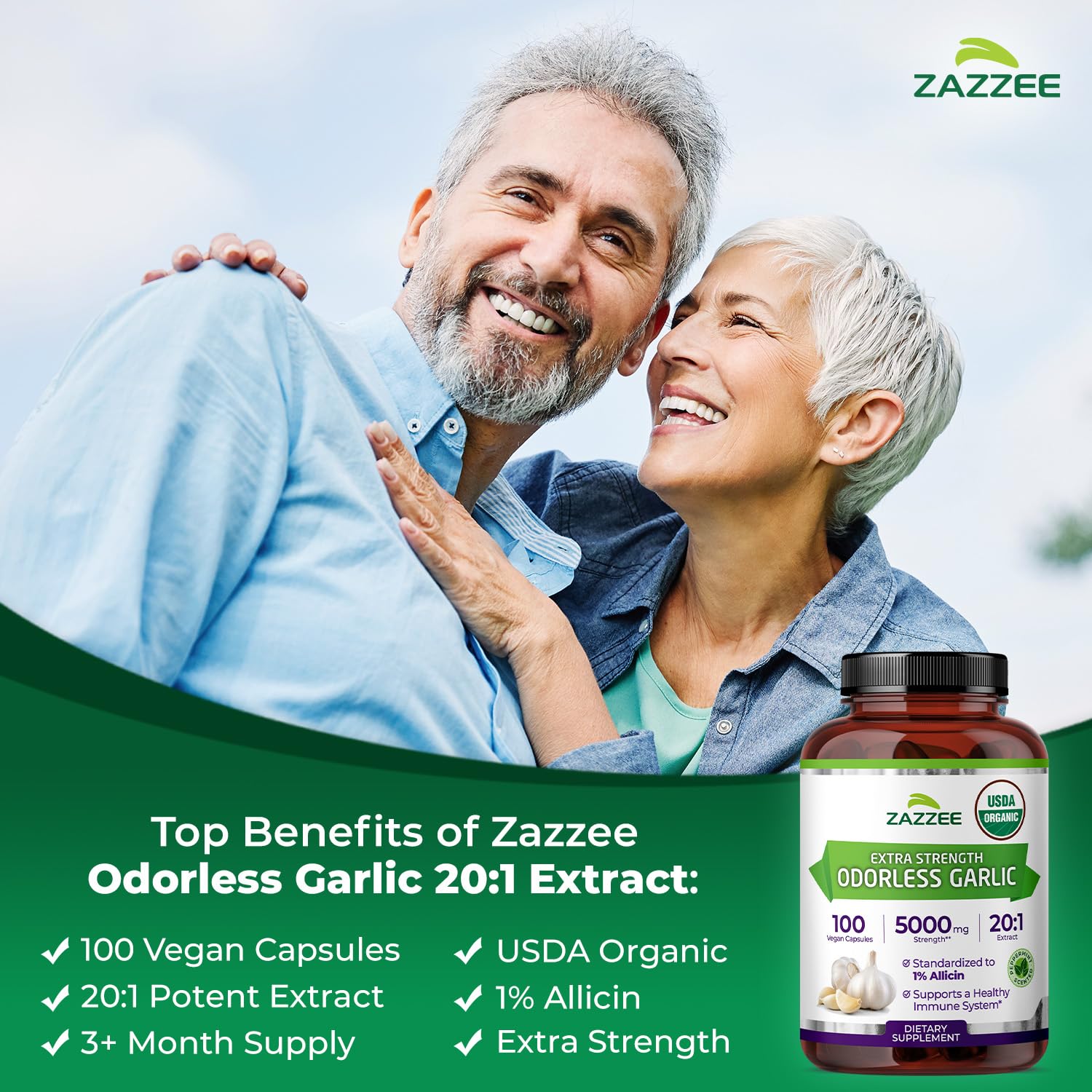 Zazzee USDA Organic Odorless Garlic 20:1 Extract, 1% Allicin, 100 Vegan Capsules, 3+ Month Supply, Allium Sativum, Immune, Circulation & Heart Health Support - Maple Wellness Supplements