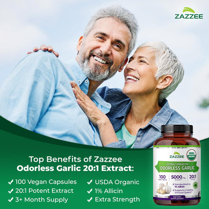 Zazzee USDA Organic Odorless Garlic 20:1 Extract, 1% Allicin, 100 Vegan Capsules, 3+ Month Supply, Allium Sativum, Immune, Circulation & Heart Health Support - Maple Wellness Supplements