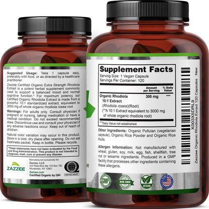 Zazzee USDA Organic Rhodiola 10:1 Extract, 120 Capsules, 4 Month Supply, Rhodiola Rosea, Energy, Stress & Mental Focus Support, Concentrated 10X Extract - Maple Wellness Supplements