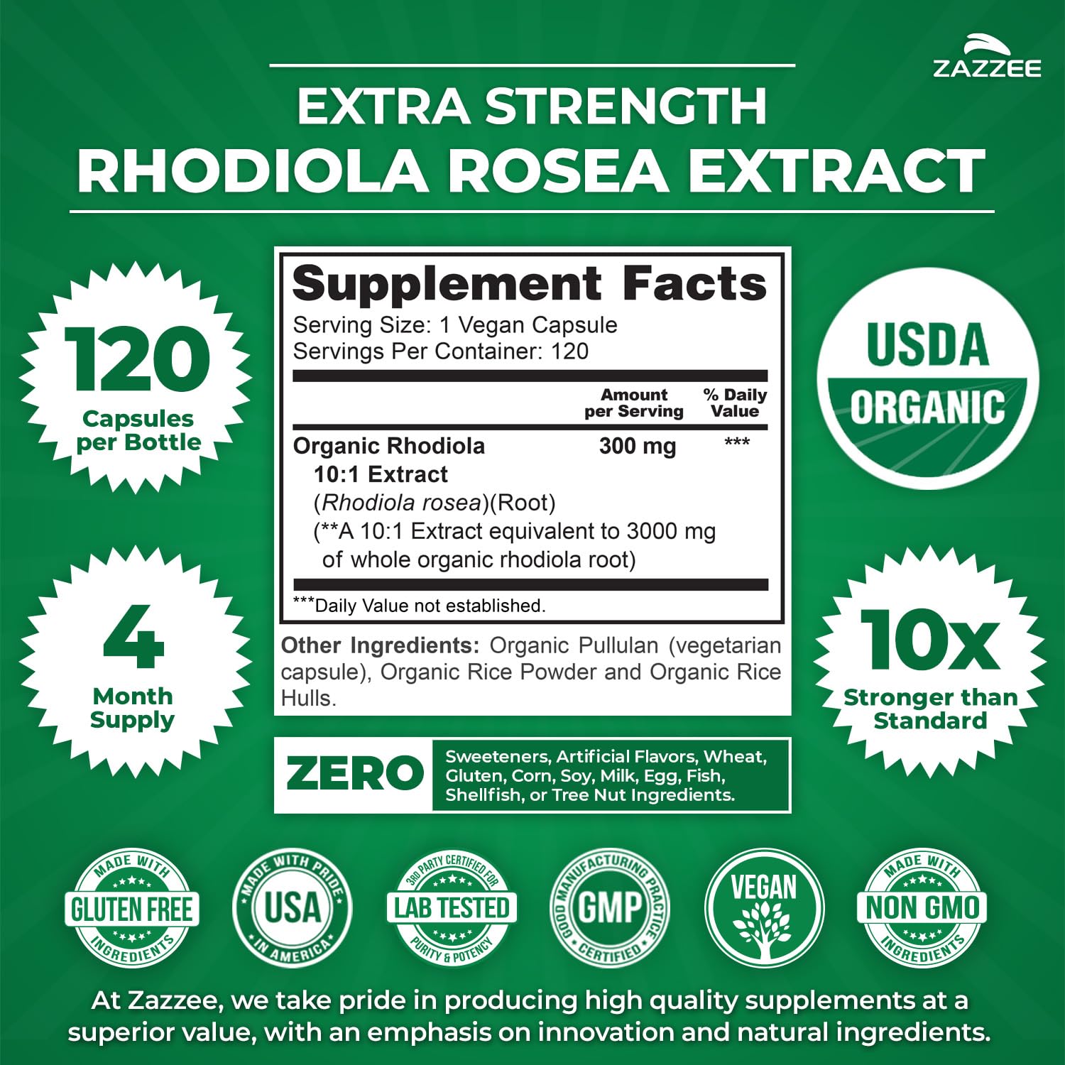 Zazzee USDA Organic Rhodiola 10:1 Extract, 120 Capsules, 4 Month Supply, Rhodiola Rosea, Energy, Stress & Mental Focus Support, Concentrated 10X Extract - Maple Wellness Supplements