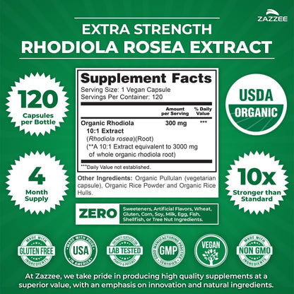 Zazzee USDA Organic Rhodiola 10:1 Extract, 120 Capsules, 4 Month Supply, Rhodiola Rosea, Energy, Stress & Mental Focus Support, Concentrated 10X Extract - Maple Wellness Supplements
