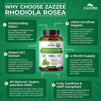Zazzee USDA Organic Rhodiola 10:1 Extract, 120 Capsules, 4 Month Supply, Rhodiola Rosea, Energy, Stress & Mental Focus Support, Concentrated 10X Extract - Maple Wellness Supplements