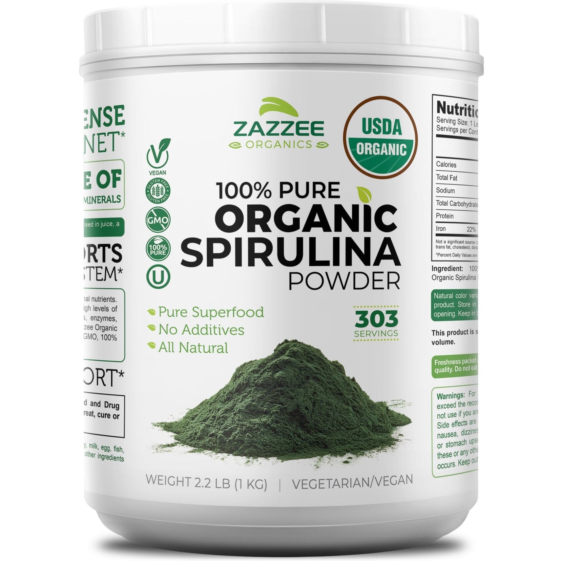 Zazzee USDA Organic Spirulina Powder, 2.2 Pounds (1 KG), 303 Servings, Certified Kosher, 100% Pure, Non-Irradiated, Mess-Free Wide Mouth Container, Fresh Smell and Neutral Taste, Non-GMO, Made in USA - Maple Wellness Supplements
