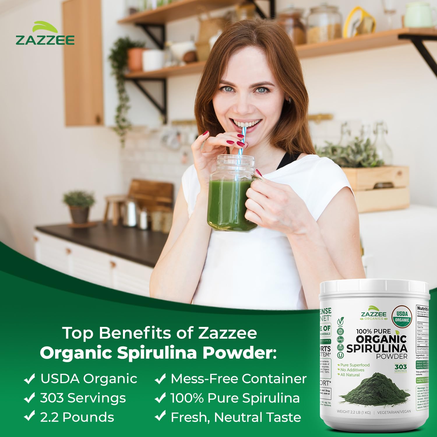 Zazzee USDA Organic Spirulina Powder, 2.2 Pounds (1 KG), 303 Servings, Certified Kosher, 100% Pure, Non-Irradiated, Mess-Free Wide Mouth Container, Fresh Smell and Neutral Taste, Non-GMO, Made in USA - Maple Wellness Supplements