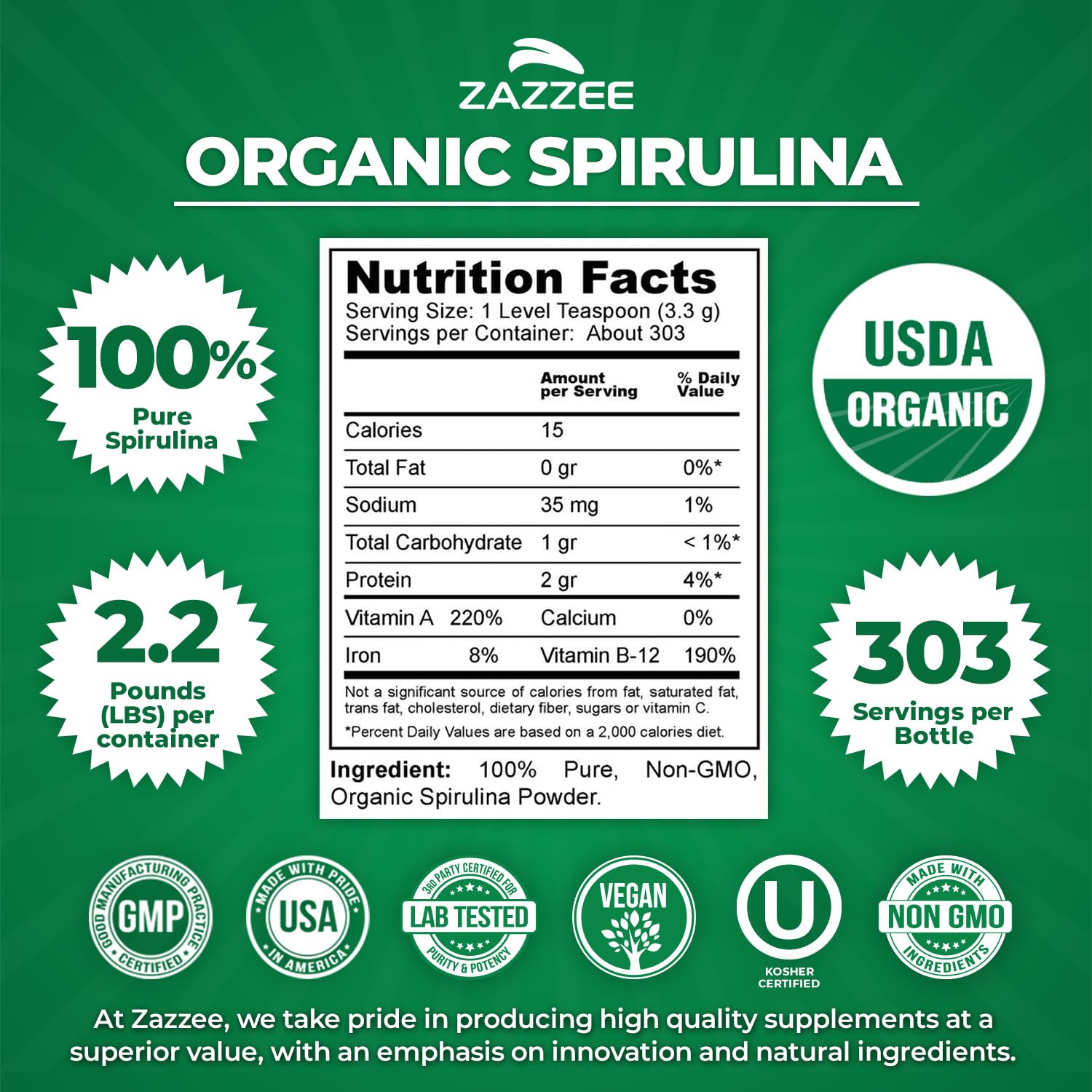 Zazzee USDA Organic Spirulina Powder, 2.2 Pounds (1 KG), 303 Servings, Certified Kosher, 100% Pure, Non-Irradiated, Mess-Free Wide Mouth Container, Fresh Smell and Neutral Taste, Non-GMO, Made in USA - Maple Wellness Supplements