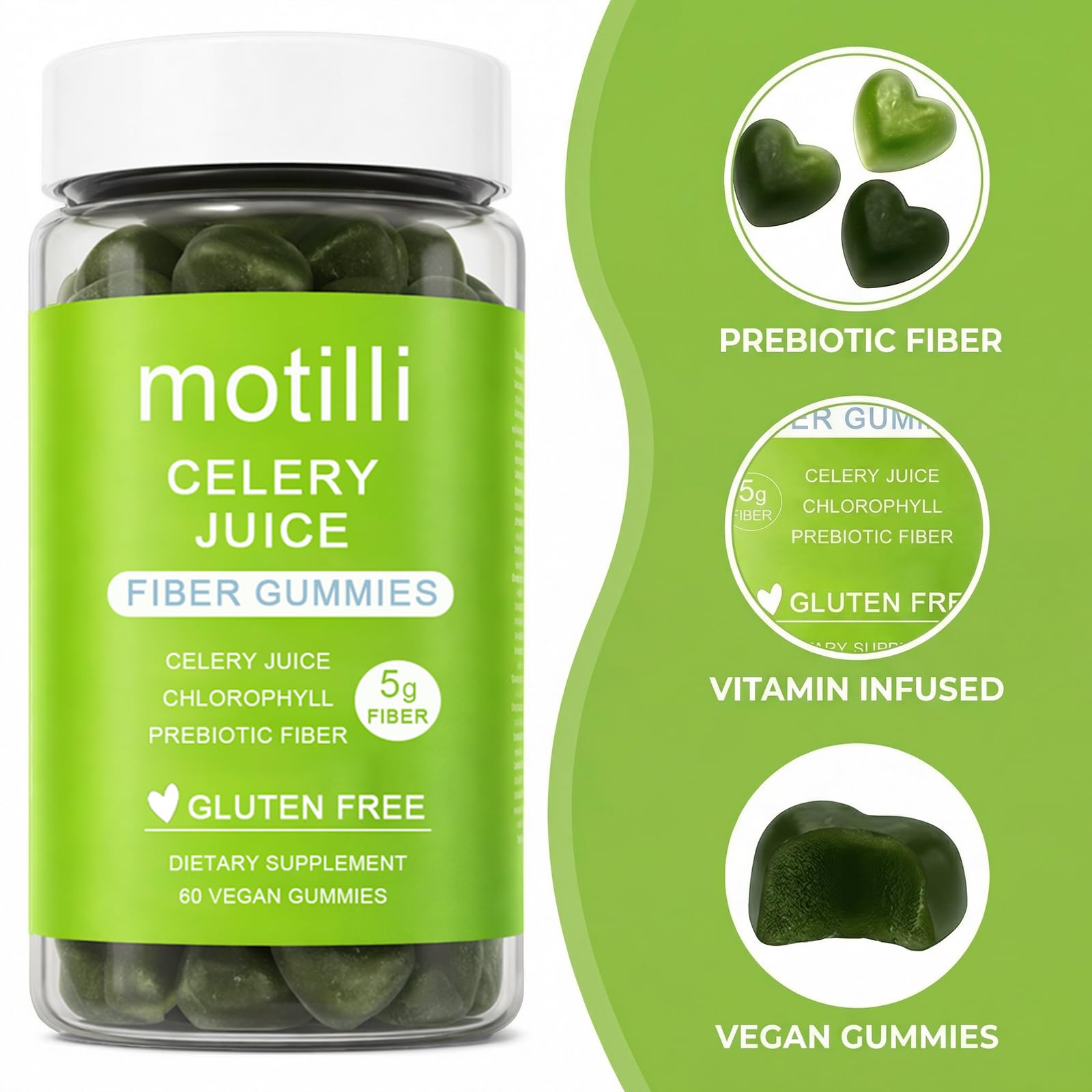 zdiwond Motilli Celery Juice Fiber Gummies, with Prebiotic Fiber and Botanical Ingredients, 60 Count - Maple Wellness Supplements