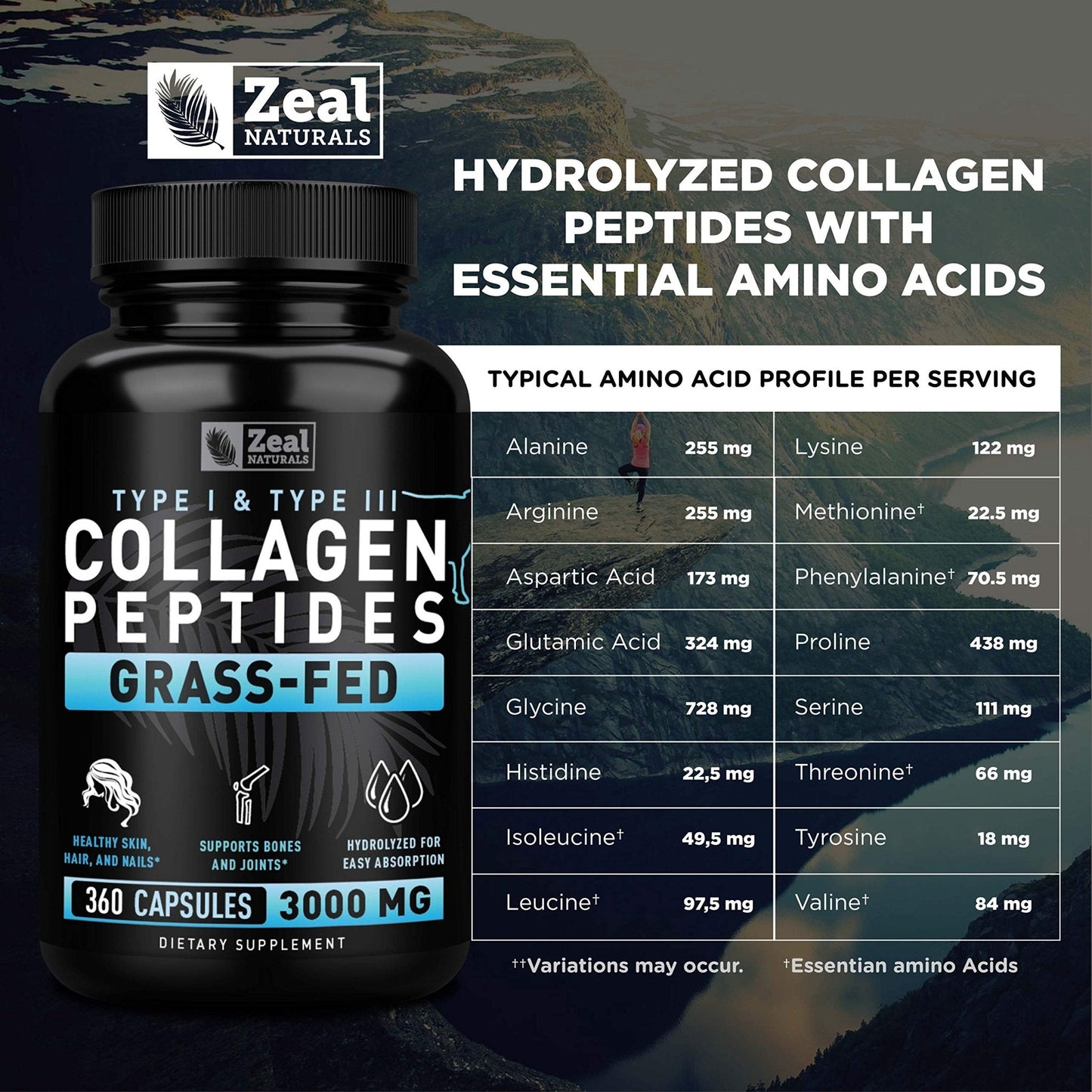 Zeal Naturals Collagen Peptides Collagen Pills (360 Capsules) Grass Fed Collagen Pepetide Powder - Hydrolyzed Collagen Powder for JointTendon SupplementHair Skin and Nails - Maple Wellness Supplements