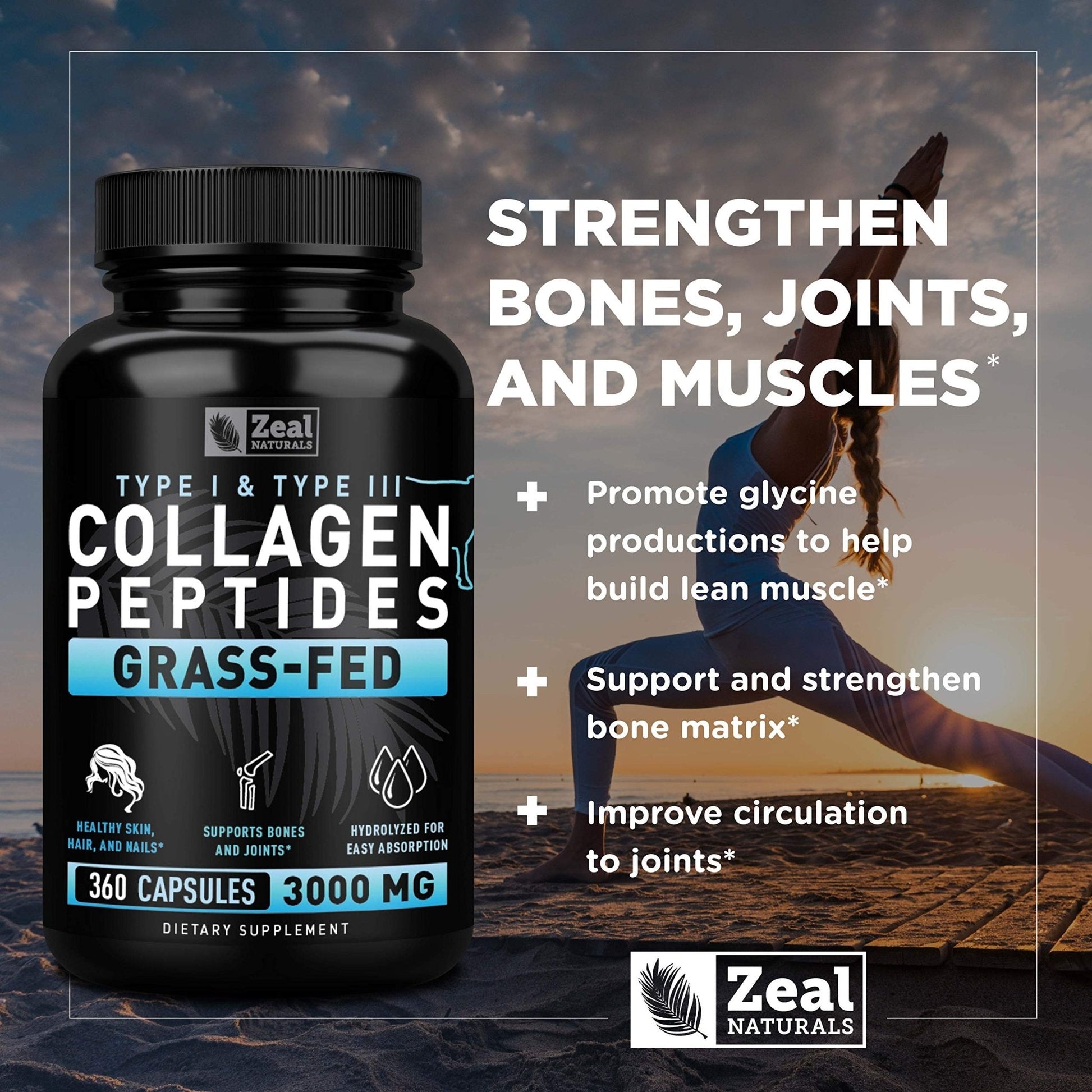 Zeal Naturals Collagen Peptides Collagen Pills (360 Capsules) Grass Fed Collagen Pepetide Powder - Hydrolyzed Collagen Powder for JointTendon SupplementHair Skin and Nails - Maple Wellness Supplements