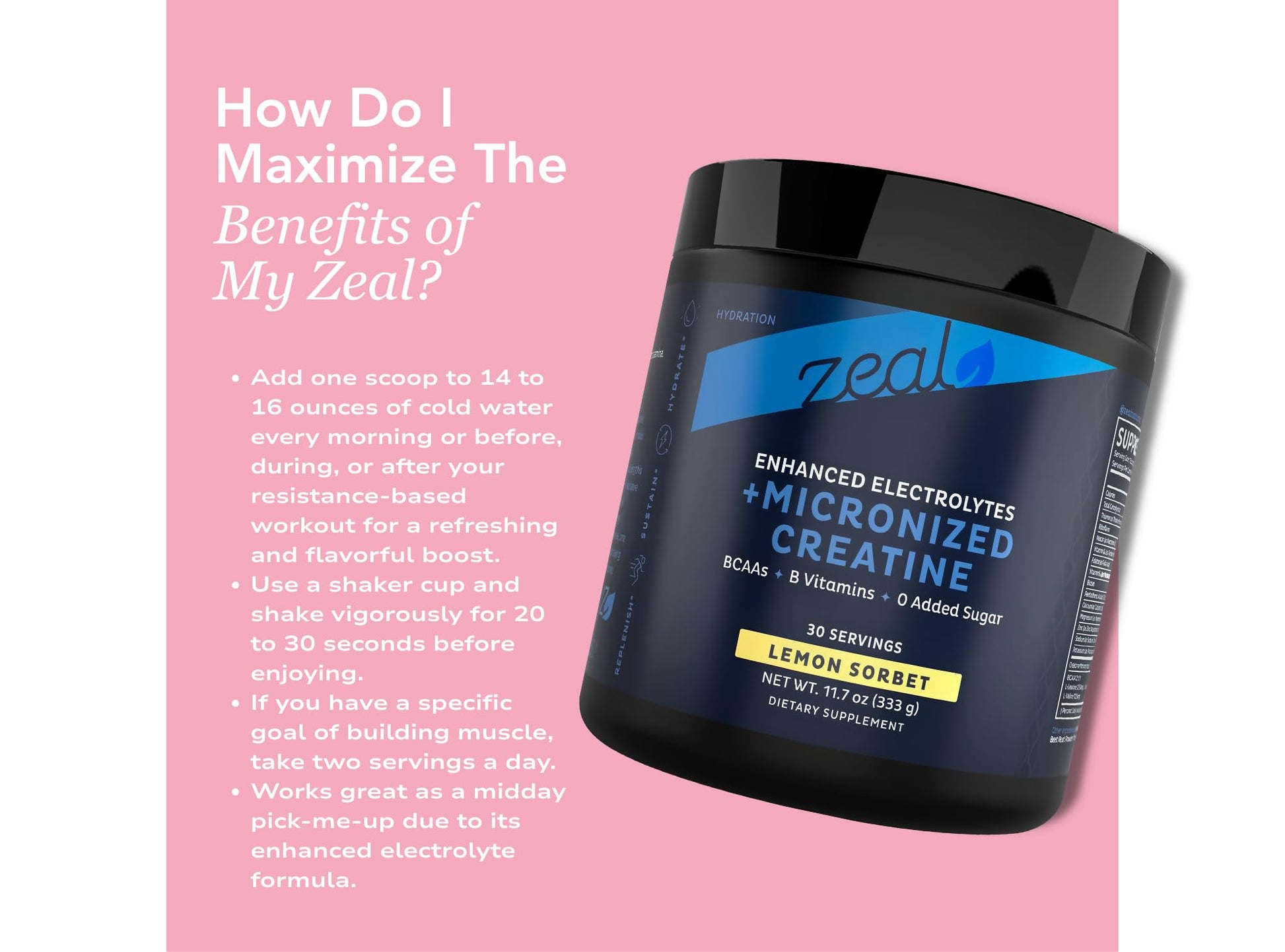 Zeal Naturals Creatine with Electrolytes & Brain Health Nootropics - 30 Servings | Women's Support for Energy, Strength, Focus, & Hydration with B Vitamins | Lemon Sorbet | Zero Sugar No Bloat Formula - Maple Wellness Supplements