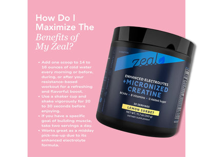 Zeal Naturals Creatine with Electrolytes & Brain Health Nootropics - 30 Servings | Women's Support for Energy, Strength, Focus, & Hydration with B Vitamins | Lemon Sorbet | Zero Sugar No Bloat Formula - Maple Wellness Supplements