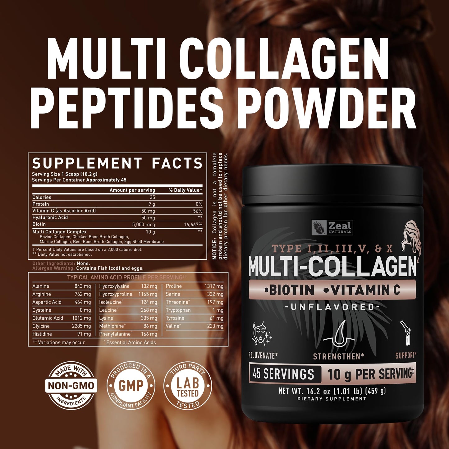 Zeal Naturals Multi Collagen Protein Peptides Powder Types I II III V X - Vitamin C, Biotin & Hyaluronic Acid - Hair, Skin & Nails - Marine, Bovine, Chicken & Eggshell - Unflavored, 45 Servings - Maple Wellness Supplements