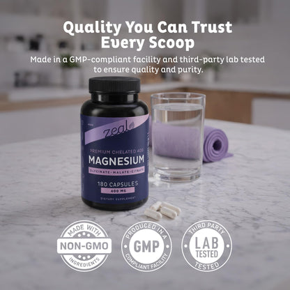 Zeal Naturals Triple Magnesium Complex Supplement - Glycinate, Malate, Citrate | 400mg, 180 Capsules | High Absorption Chelated Magnesium for Sleep, Mood, Muscle Recovery, Relaxation - Maple Wellness Supplements