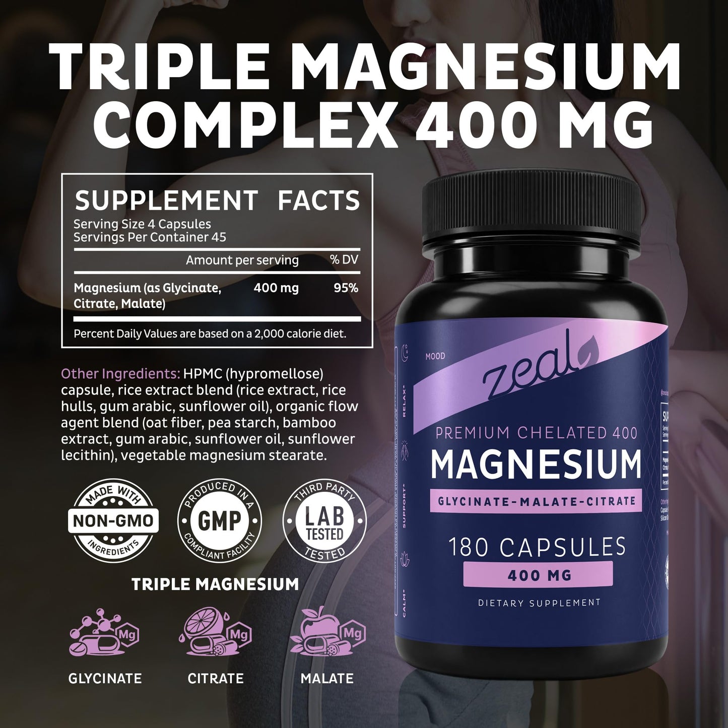 Zeal Naturals Triple Magnesium Complex Supplement - Glycinate, Malate, Citrate | 400mg, 180 Capsules | High Absorption Chelated Magnesium for Sleep, Mood, Muscle Recovery, Relaxation - Maple Wellness Supplements