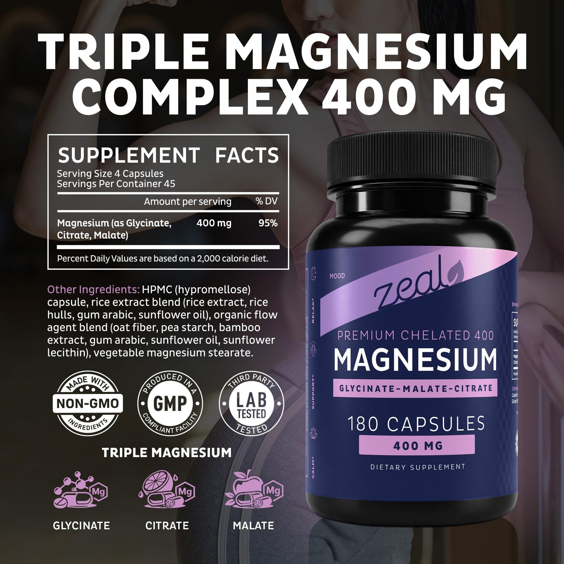 Zeal Naturals Triple Magnesium Complex Supplement - Glycinate, Malate, Citrate | 400mg, 180 Capsules | High Absorption Chelated Magnesium for Sleep, Mood, Muscle Recovery, Relaxation - Maple Wellness Supplements