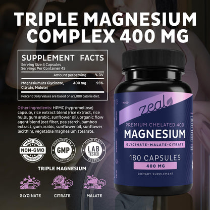 Zeal Naturals Triple Magnesium Complex Supplement - Glycinate, Malate, Citrate | 400mg, 180 Capsules | High Absorption Chelated Magnesium for Sleep, Mood, Muscle Recovery, Relaxation - Maple Wellness Supplements