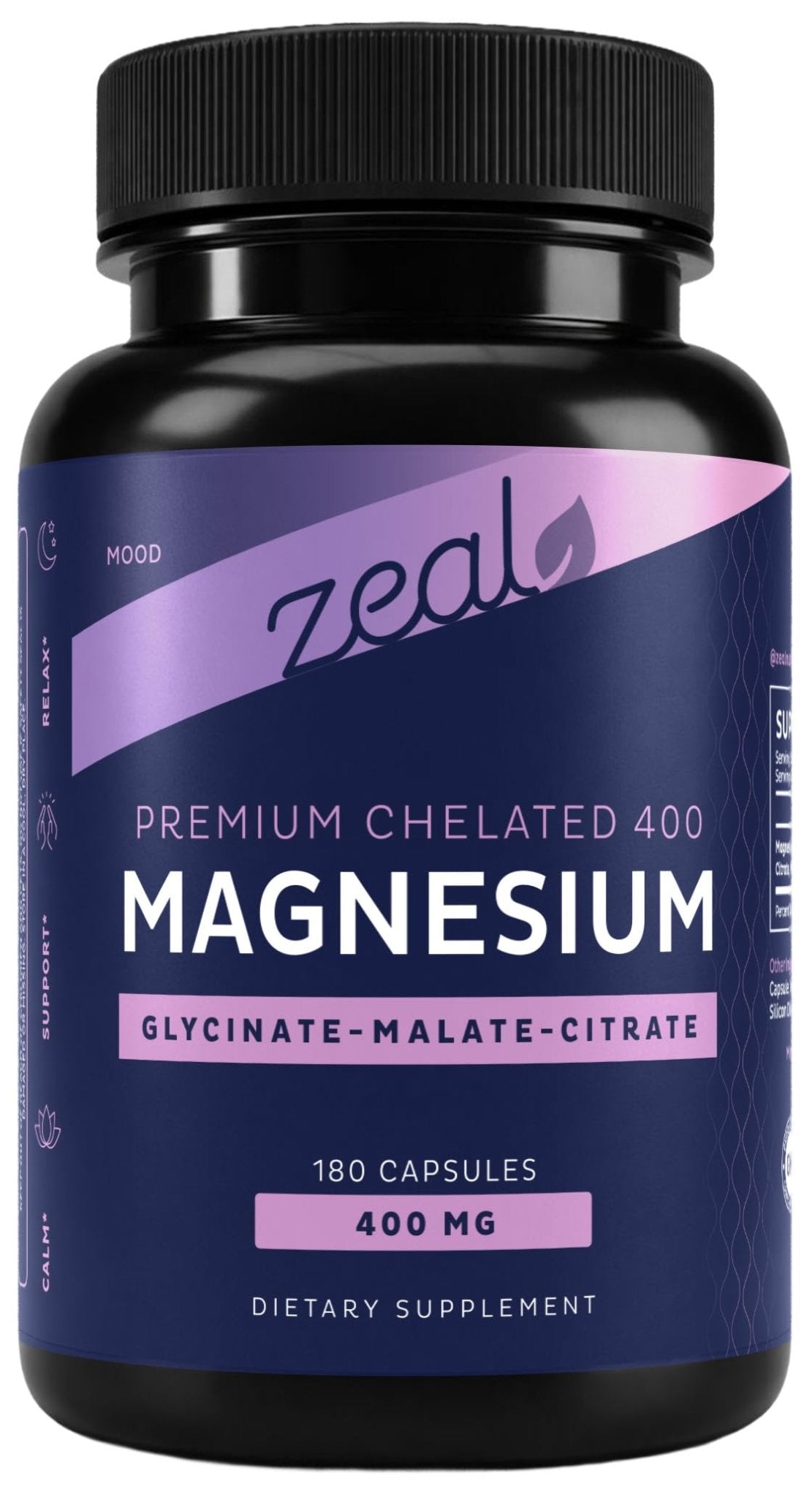 Zeal Naturals Triple Magnesium Complex Supplement - Glycinate, Malate, Citrate | 400mg, 180 Capsules | High Absorption Chelated Magnesium for Sleep, Mood, Muscle Recovery, Relaxation - Maple Wellness Supplements