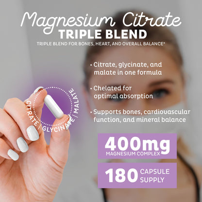Zeal Naturals Triple Magnesium Complex Supplement - Glycinate, Malate, Citrate | 400mg, 180 Capsules | High Absorption Chelated Magnesium for Sleep, Mood, Muscle Recovery, Relaxation - Maple Wellness Supplements