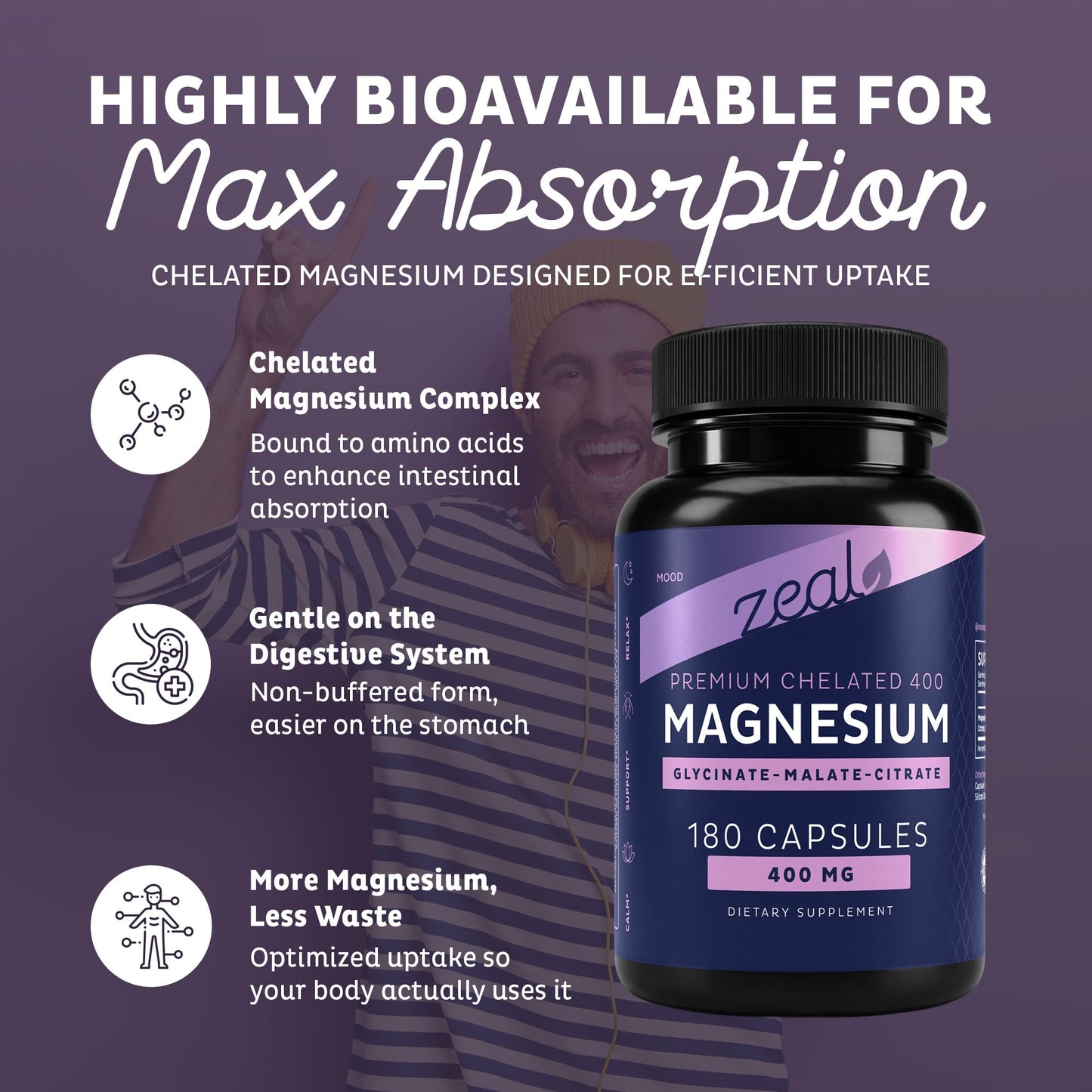 Zeal Naturals Triple Magnesium Complex Supplement - Glycinate, Malate, Citrate | 400mg, 180 Capsules | High Absorption Chelated Magnesium for Sleep, Mood, Muscle Recovery, Relaxation - Maple Wellness Supplements