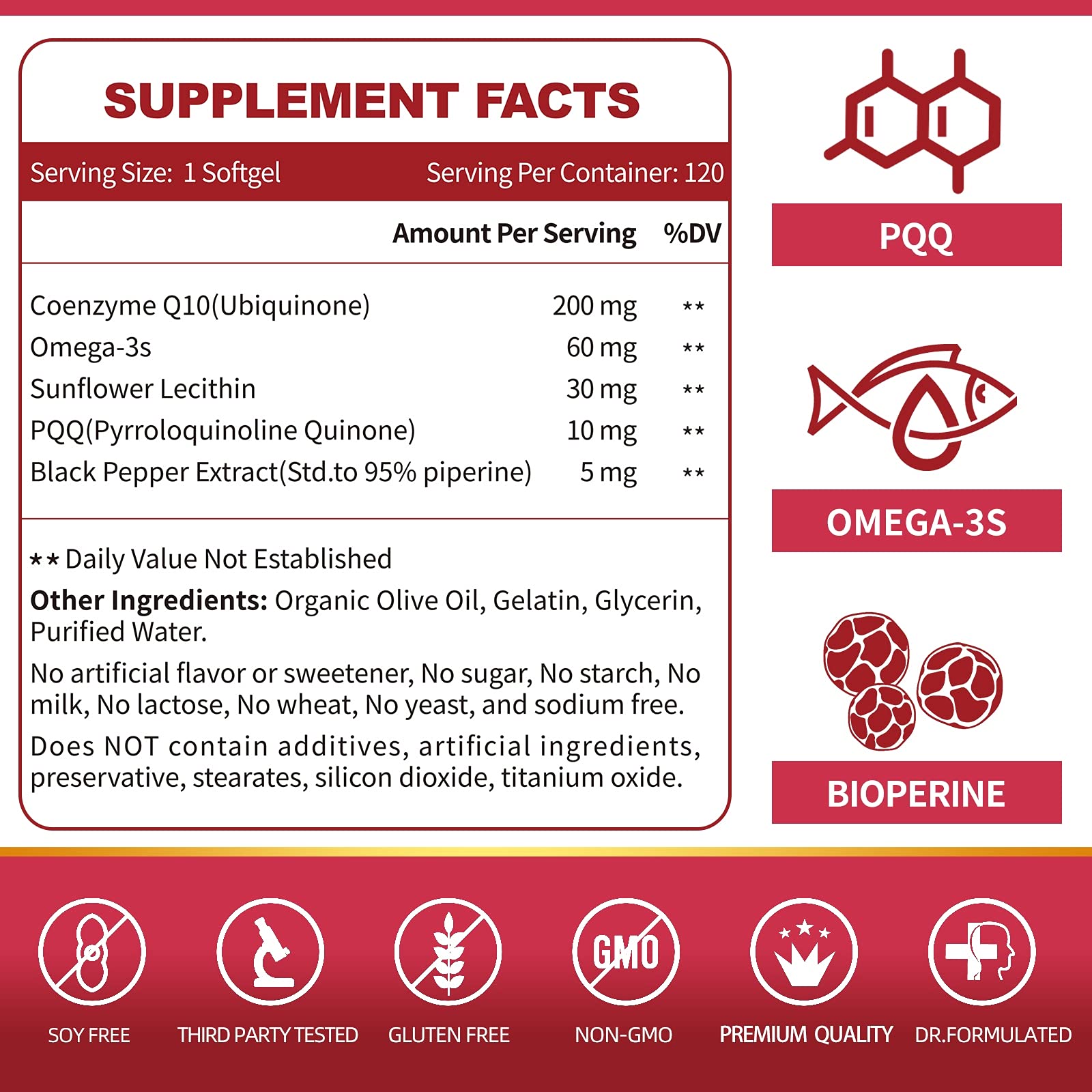 ZEBORA CoQ10-200mg-Softgels with PQQ, BioPerine & Omega-3, 120 Servings Coenzyme Q10(Ubiquinone) Supplement for High-Absorption, Powerful-Antioxidant - Maple Wellness Supplements