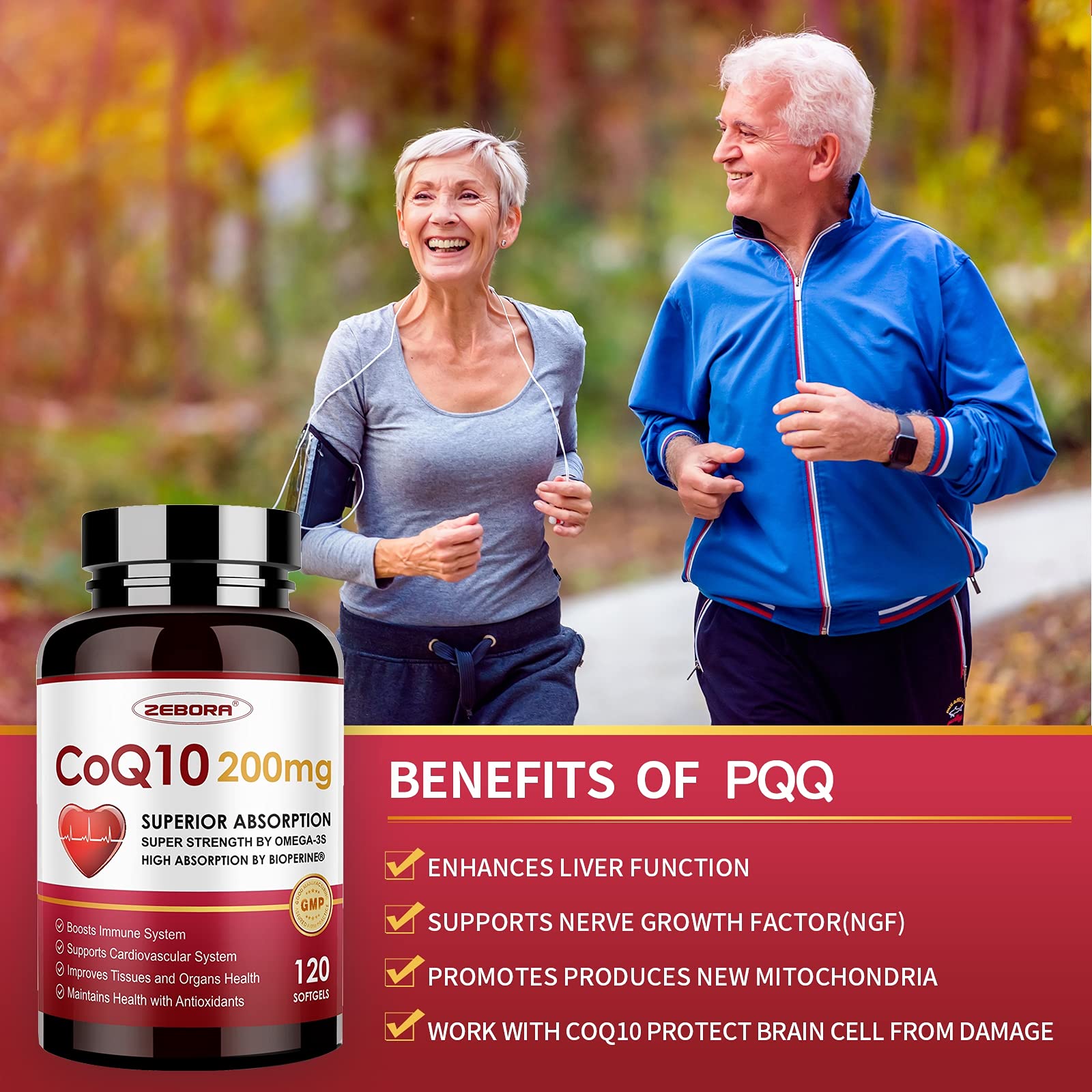 ZEBORA CoQ10-200mg-Softgels with PQQ, BioPerine & Omega-3, 120 Servings Coenzyme Q10(Ubiquinone) Supplement for High-Absorption, Powerful-Antioxidant - Maple Wellness Supplements