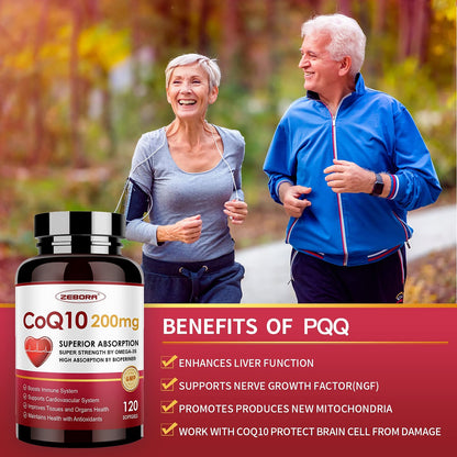 ZEBORA CoQ10-200mg-Softgels with PQQ, BioPerine & Omega-3, 120 Servings Coenzyme Q10(Ubiquinone) Supplement for High-Absorption, Powerful-Antioxidant - Maple Wellness Supplements