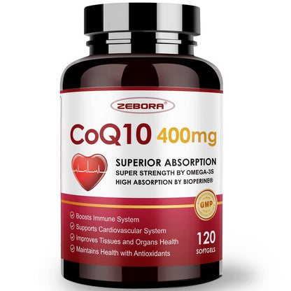 ZEBORA CoQ10-400mg-Softgels with PQQ, BioPerine & Omega-3, Coenzyme Q10(Ubiquinone) Supplement for High-Absorption, Powerful-Antioxidant - Maple Wellness Supplements