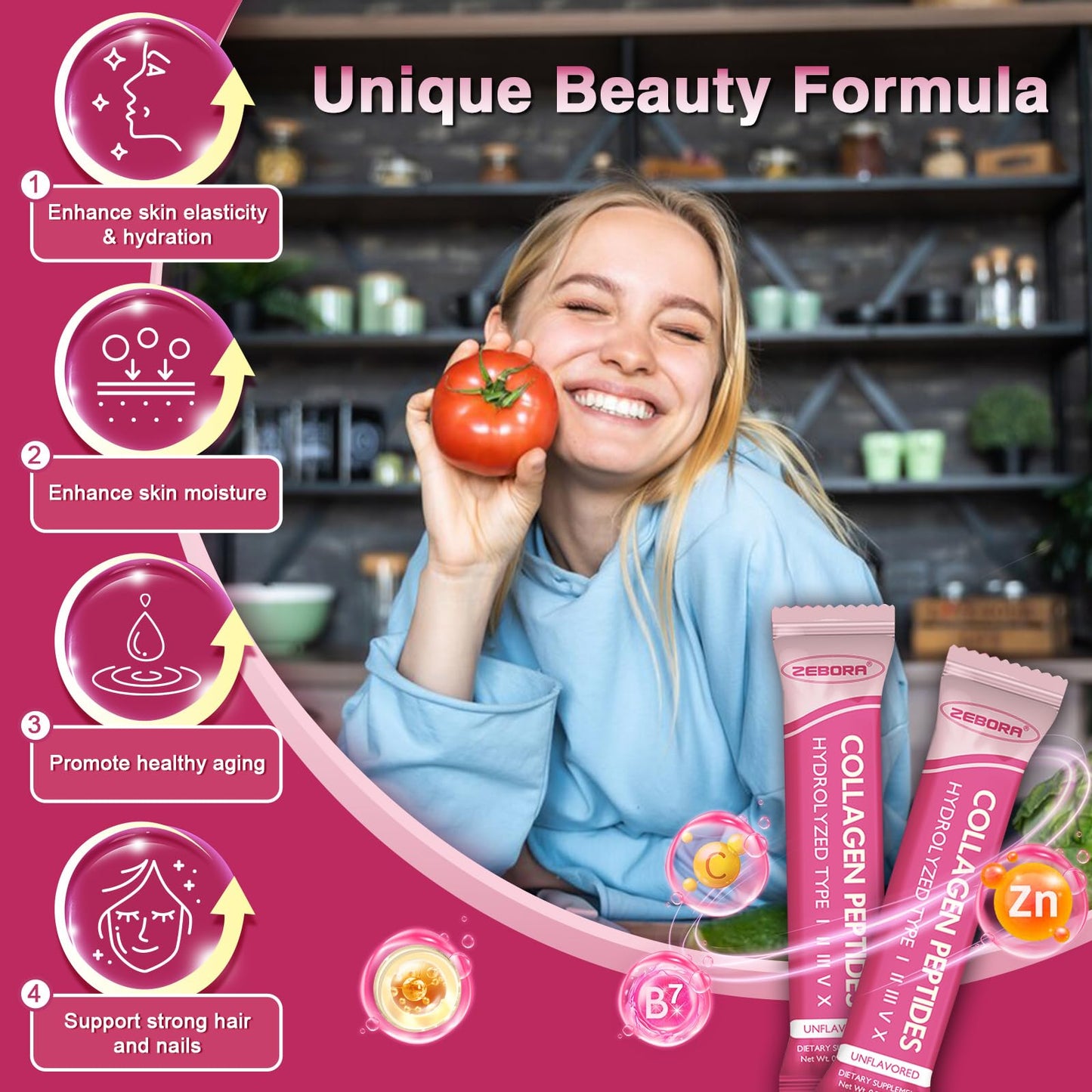 ZEBORA Multi Collagen Peptides Powder Packets with Hyaluronic Acid, Biotin, MCT - Hydrolyzed Collagen with 5 Billion Probiotics - Maple Wellness Supplements