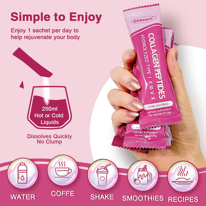 ZEBORA Multi Collagen Peptides Powder Packets with Hyaluronic Acid, Biotin, MCT - Hydrolyzed Collagen with 5 Billion Probiotics - Maple Wellness Supplements