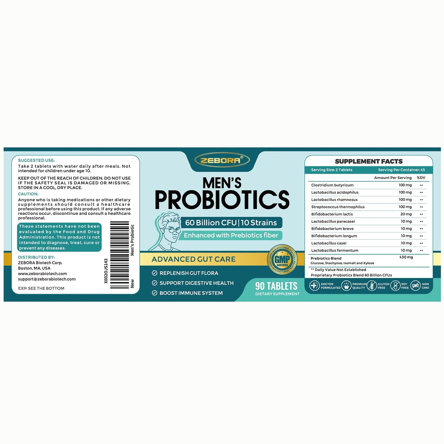ZEBORA Probiotics for Men and Prebiotics for Digestive Health, 90 Tablets, 60 Billion CFUs for Immune and Gut Health, 10 Strains, Hypoallergenic Probiotics, - Maple Wellness Supplements