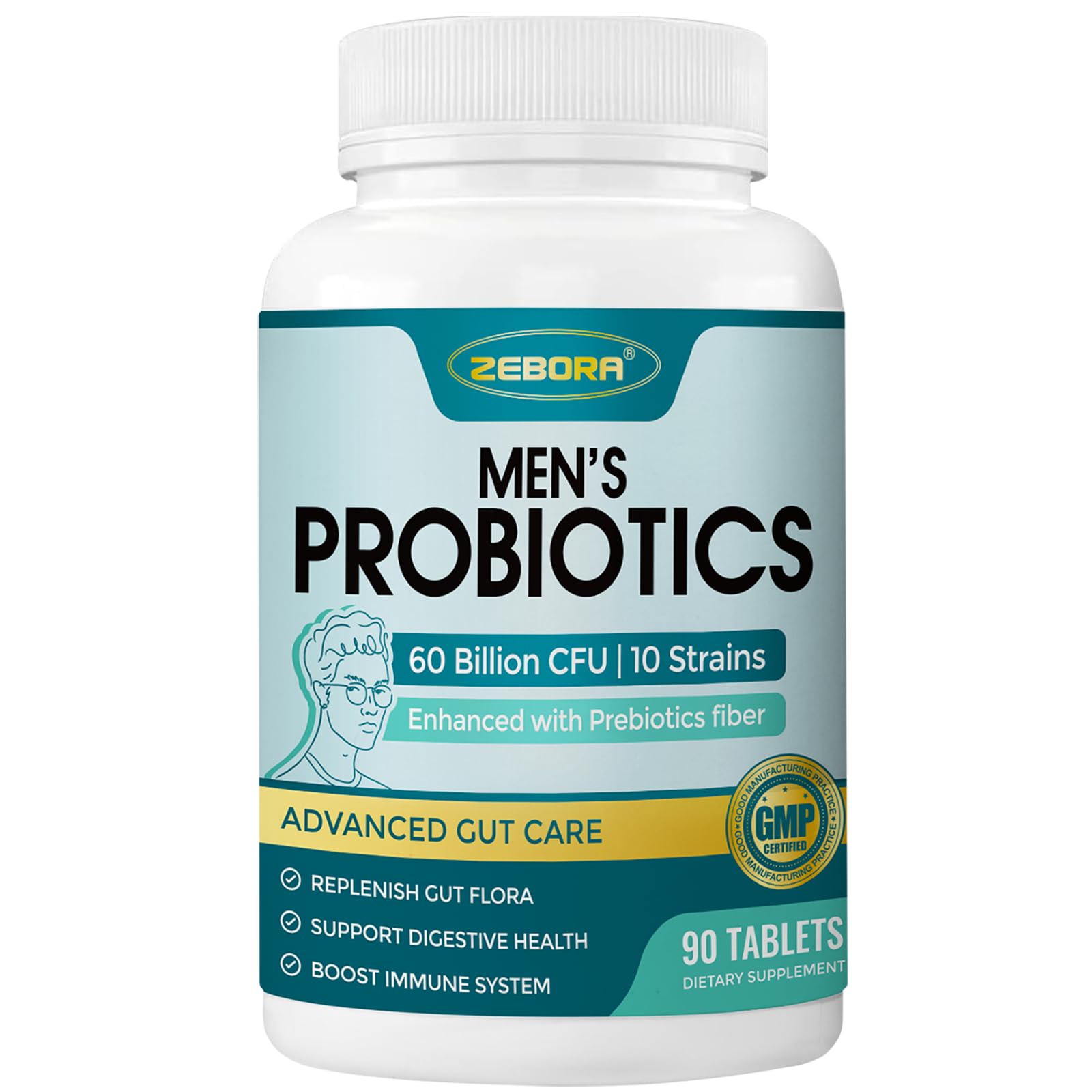 ZEBORA Probiotics for Men and Prebiotics for Digestive Health, 90 Tablets, 60 Billion CFUs for Immune and Gut Health, 10 Strains, Hypoallergenic Probiotics, - Maple Wellness Supplements