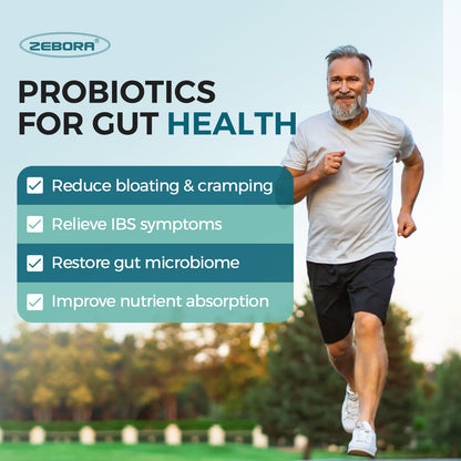 ZEBORA Probiotics for Men and Prebiotics for Digestive Health, 90 Tablets, 60 Billion CFUs for Immune and Gut Health, 10 Strains, Hypoallergenic Probiotics, - Maple Wellness Supplements
