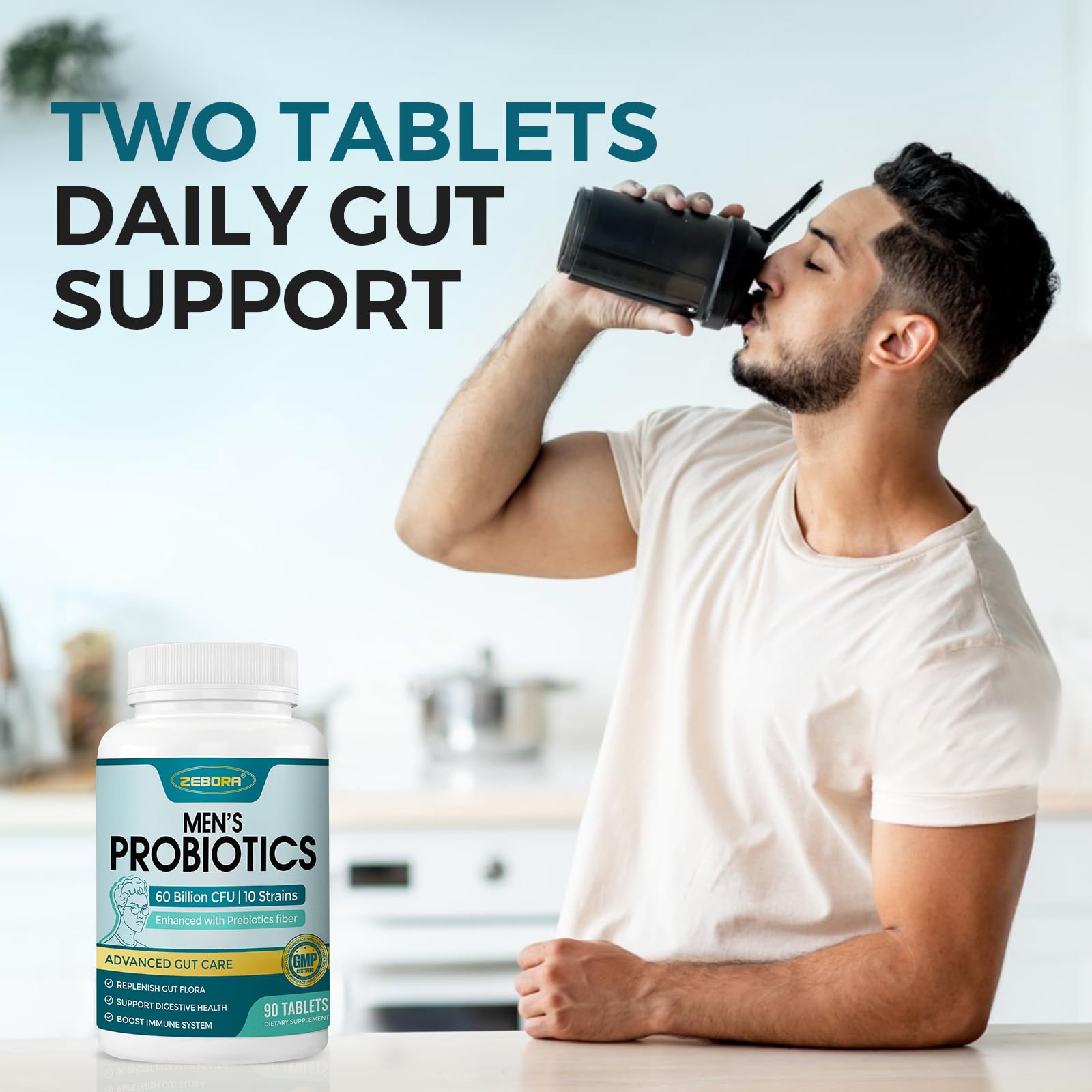ZEBORA Probiotics for Men and Prebiotics for Digestive Health, 90 Tablets, 60 Billion CFUs for Immune and Gut Health, 10 Strains, Hypoallergenic Probiotics, - Maple Wellness Supplements