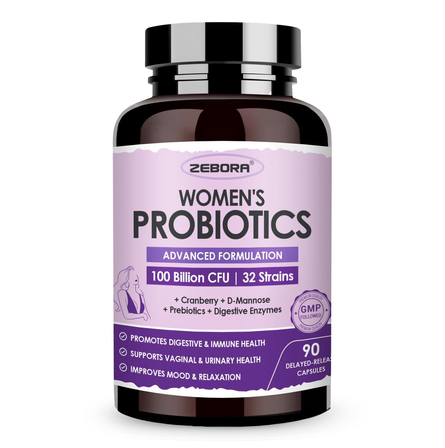 ZEBORA Probiotics for Women Digestive Health with Enzymes & Prebiotics 100 Billion CFUs| Vaginal Probiotics with D Mannose & Cranberry | Urinary Tract Health - Maple Wellness Supplements