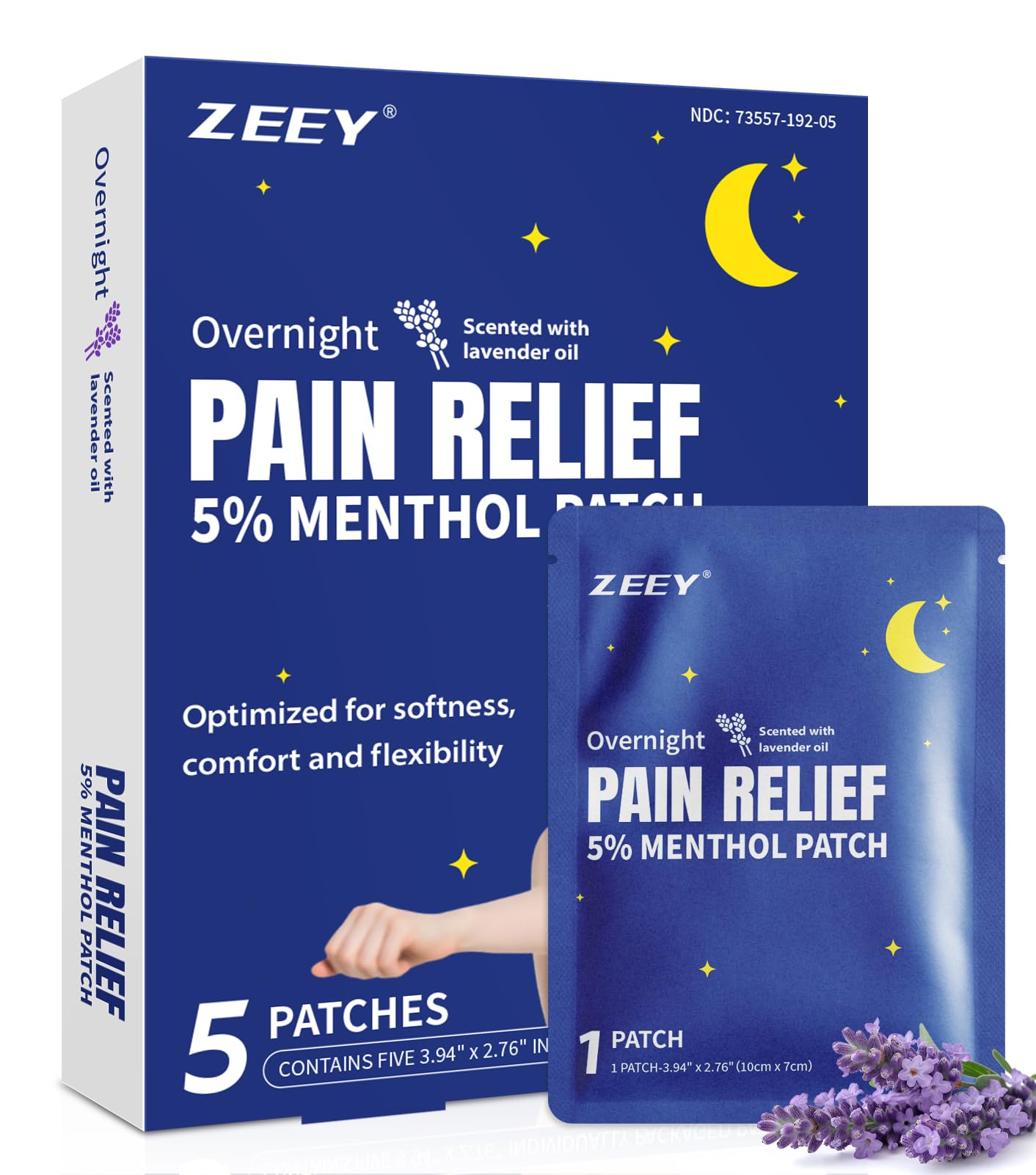 ZEEY 5% Menthol Overnight Pain Relief Patches, French Lavender Oil Pain Patch for Back, Knee, Neck, Shoulders, Joints, Muscle Soreness, Fast Acting, Topical Analgesic, Gel Patch, 3.94" x 2.76", 5Ct - Maple Wellness Supplements
