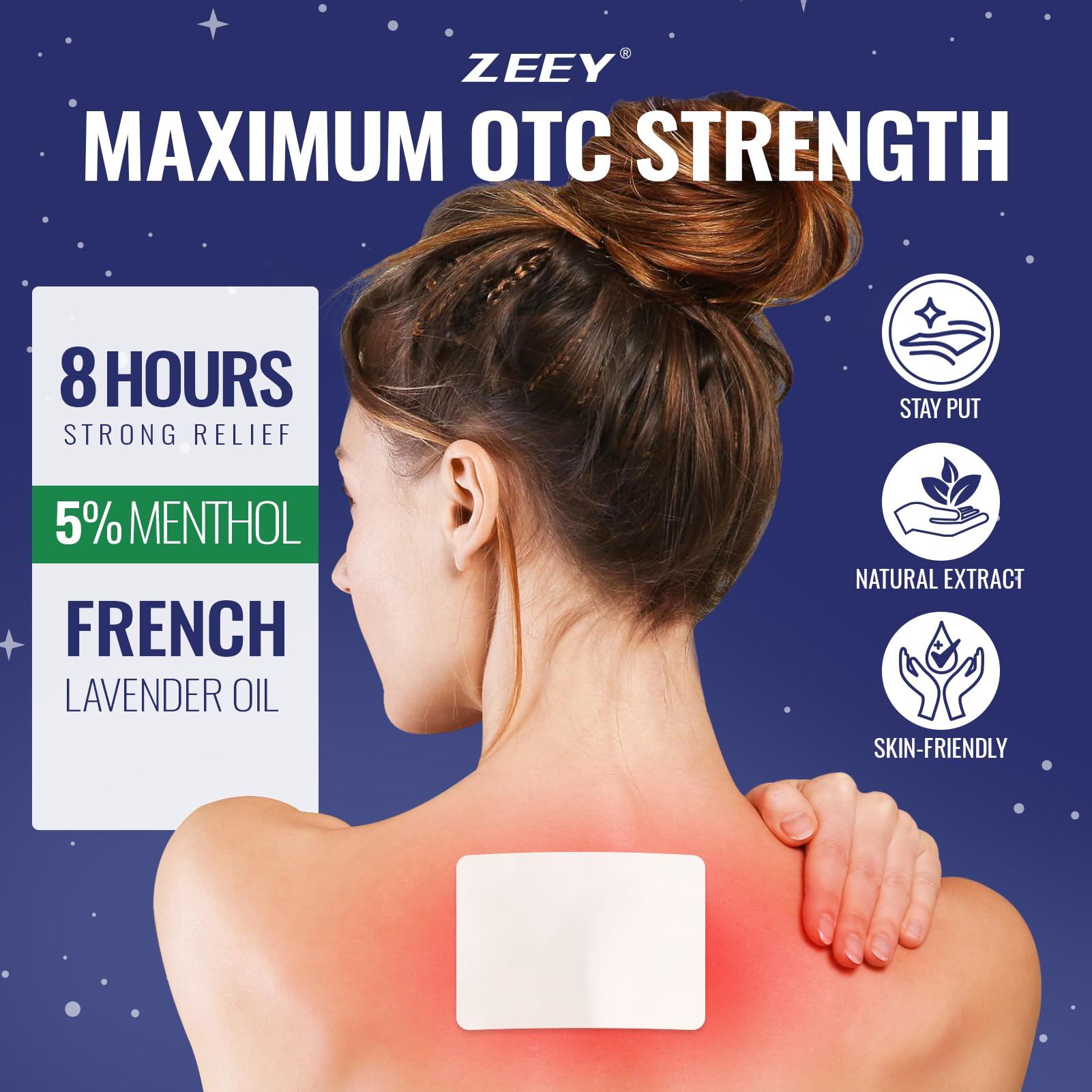 ZEEY 5% Menthol Overnight Pain Relief Patches, French Lavender Oil Pain Patch for Back, Knee, Neck, Shoulders, Joints, Muscle Soreness, Fast Acting, Topical Analgesic, Gel Patch, 3.94" x 2.76", 5Ct - Maple Wellness Supplements