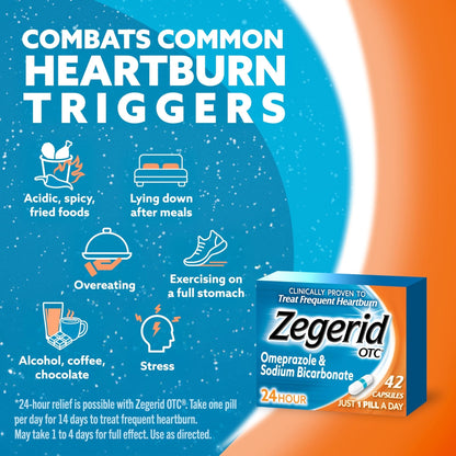 Zegerid OTC, 24-Hour Heartburn Relief, Acid Reflux Medicine and Antacid, Treats Frequent Heartburn, Omeprazole 20mg + Sodium Bicarbonate, Proton Pump Inhibitor (PPI), 42 Capsules - Maple Wellness Supplements