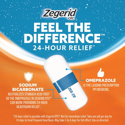 Zegerid OTC, 24-Hour Heartburn Relief, Acid Reflux Medicine and Antacid, Treats Frequent Heartburn, Omeprazole 20mg + Sodium Bicarbonate, Proton Pump Inhibitor (PPI), Two 42ct Cartons - Maple Wellness Supplements